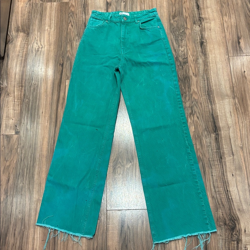 Zara Green Jeans Sz 4 Wide Leg Distressed Christmas Holiday Jean Denim Frayed